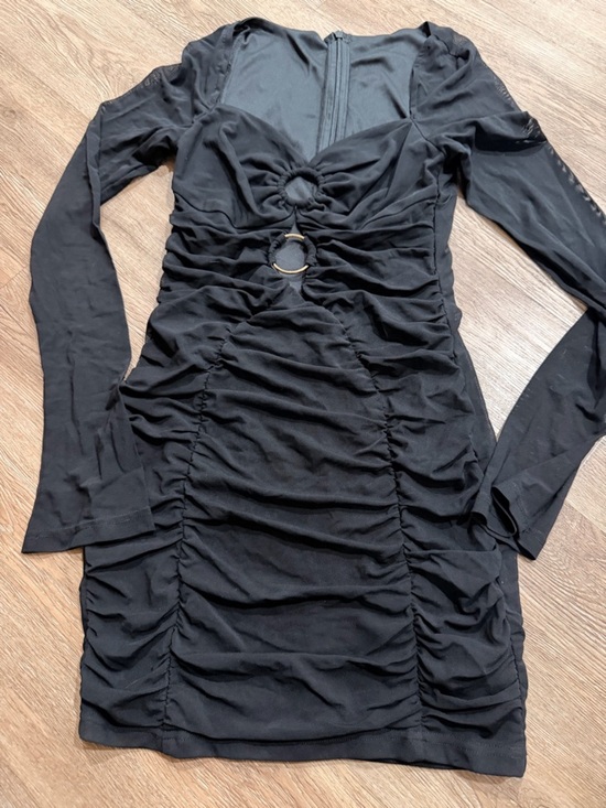 Dresses & Skirts - Black Ruched Long Sleeve Mini Dress with Ring Detail